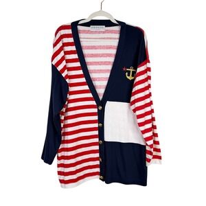 Bob Mackie Studio Womens Size XL Nautical Anchor Striped Cardigan Sweater Cotton